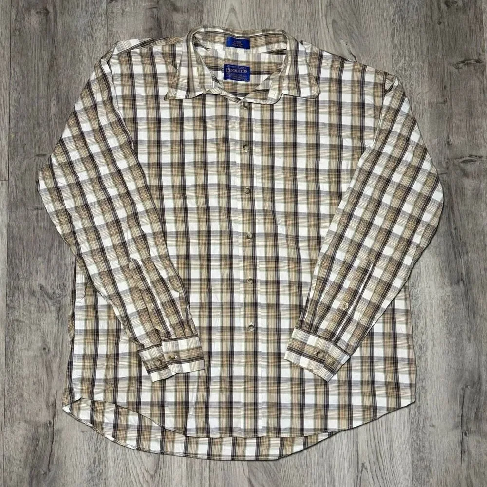 Pendleton Shirt Mens XL Brown Tan Plaid Long Sleeve Button Down Casual